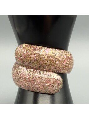 Vintage Lucite Confetti Hinged Bangle Bracelet Pink Gold Metallic Accents